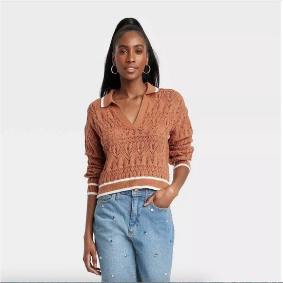 Universal Thread Collared Pullover Sweater Clay Brown W/Cream Pointelle Sz XXL - Picture 1 of 8